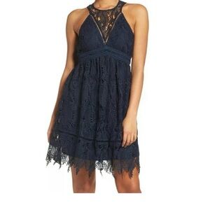 Nordstrom NWT Chelsea 28 Fit and Flare Empire Navt Lace Midi Dress Womens 8